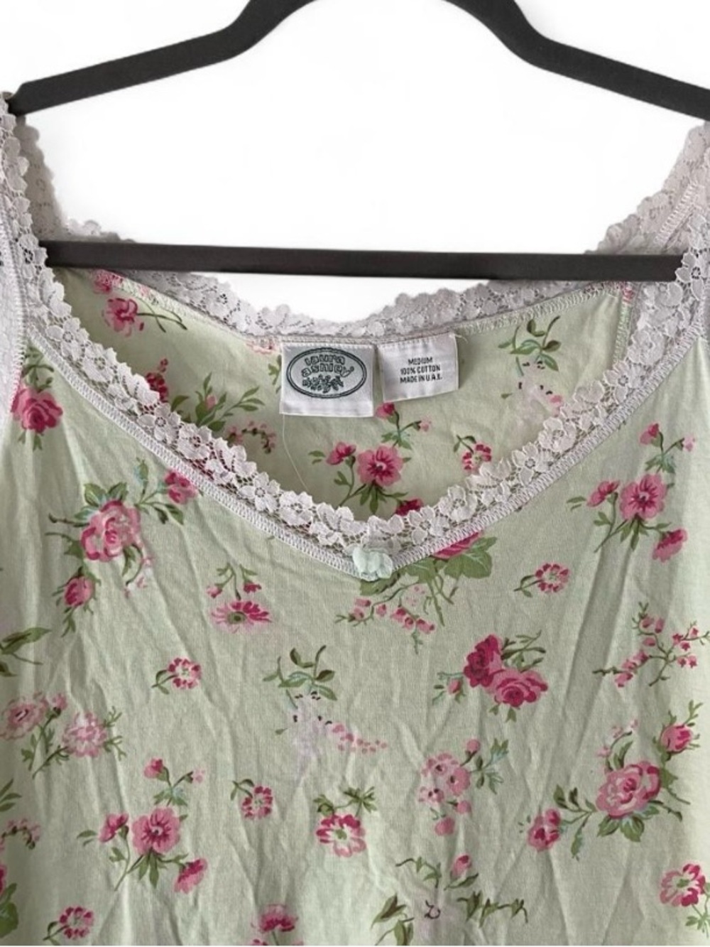 VTG Laura Ashley Floral Lace-Trim Nightgown in Sage with Pink Roses M